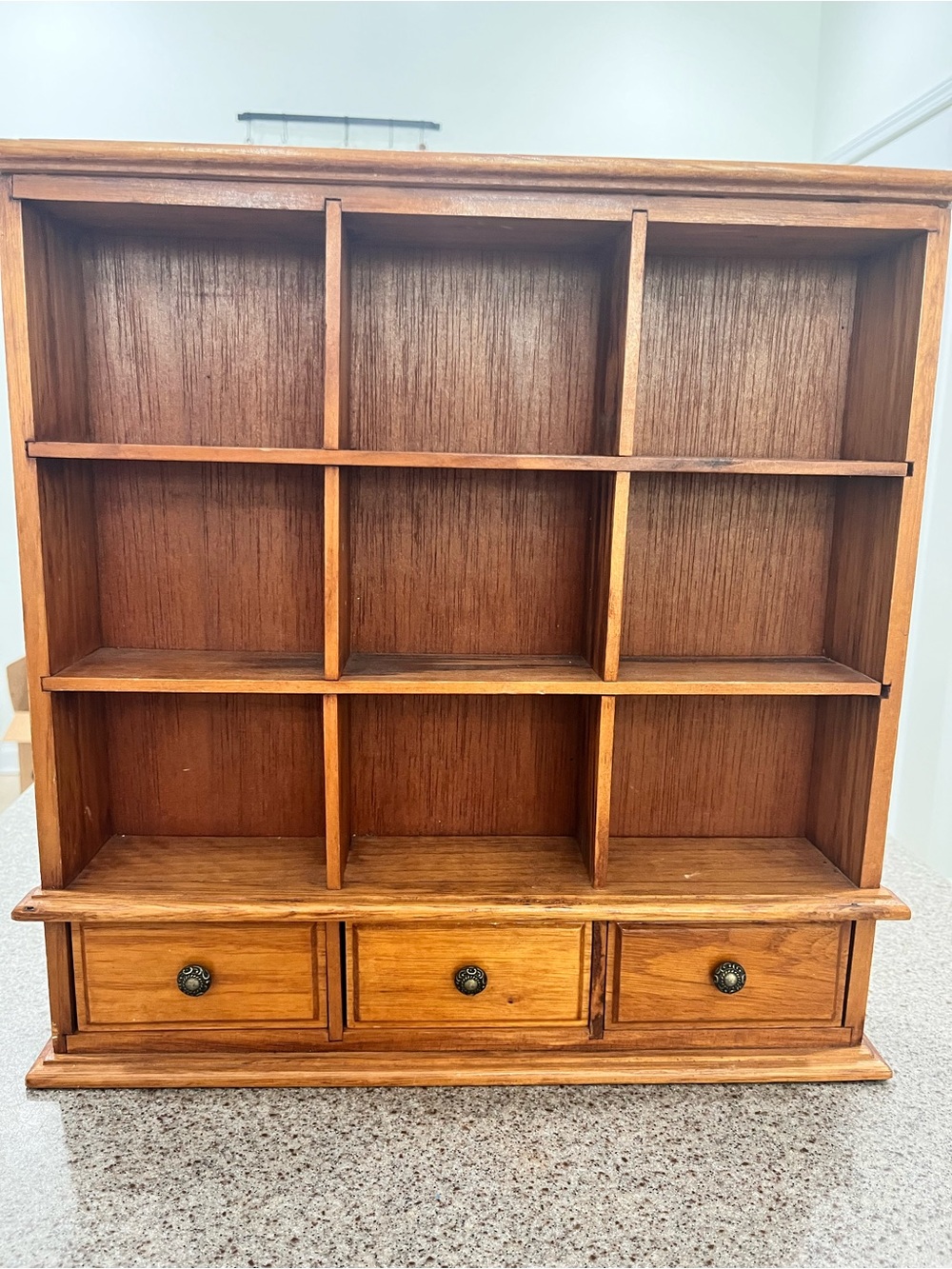 Vintage Wooden Multi-Cubby Trinket Wall Shelf with Drawers - Brown 14.75” tall